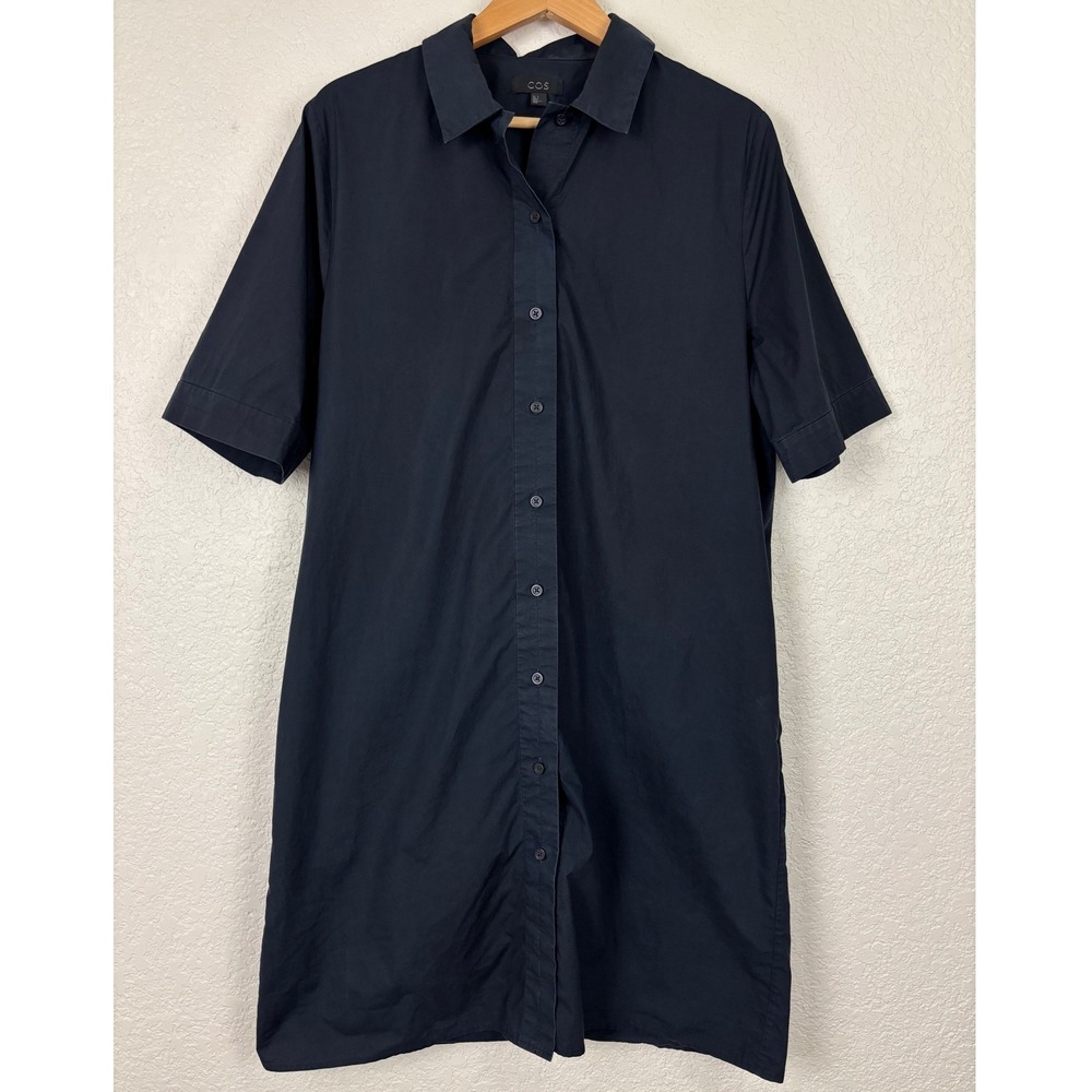 COS Womens Navy Blue Cotton Poplin Short Sleeve Button Front Shirt Dress Size 8